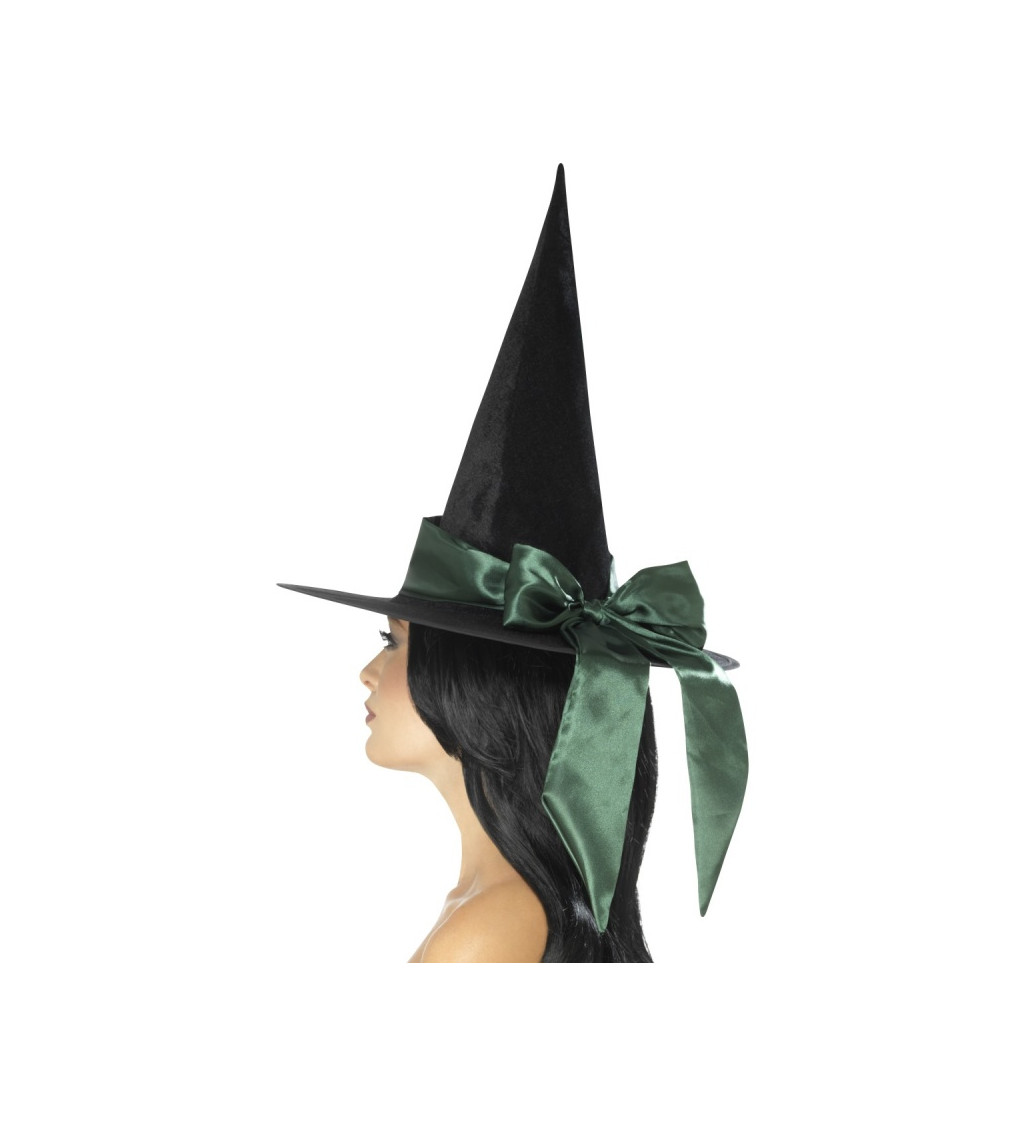 Špičatý čarodějnický klobouk se zelenou mašlí