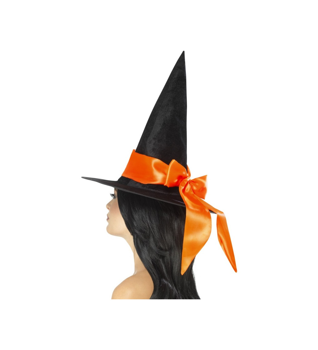 Špičatý čarodějnický klobouk s oranžovou mašlí
