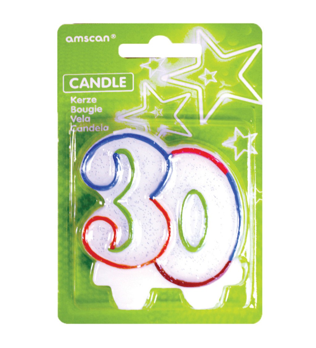 Bílá  narozeninová svíčka s lemem – 30