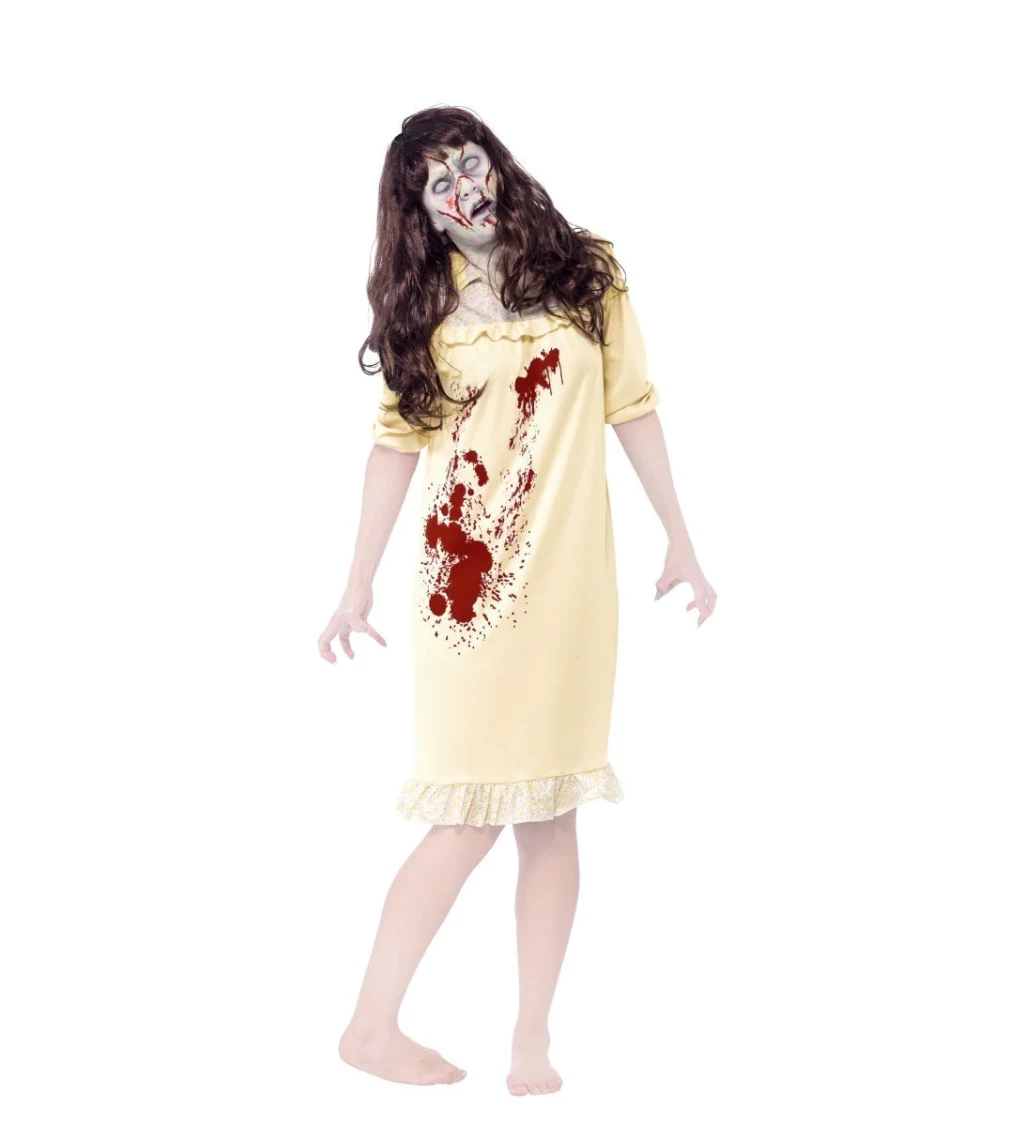 Dámský Zombie kostým - žluté noční šaty s parukou
