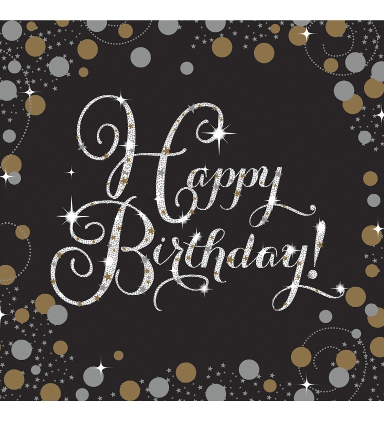 Zlato stříbrné narozeninové ubrousky – Happy birthday